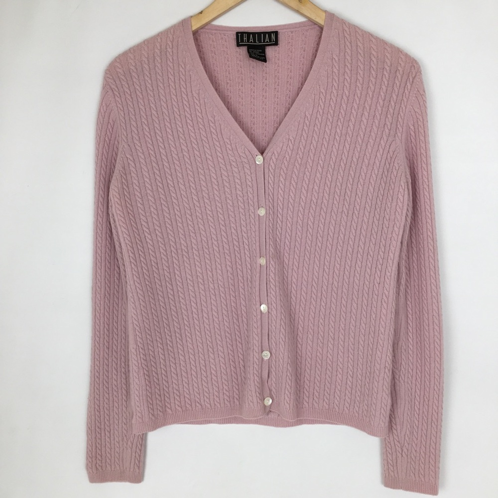 Thalian 100% Cashmere Cardigan Sweater Cable Knit Pink Women’s Size Large